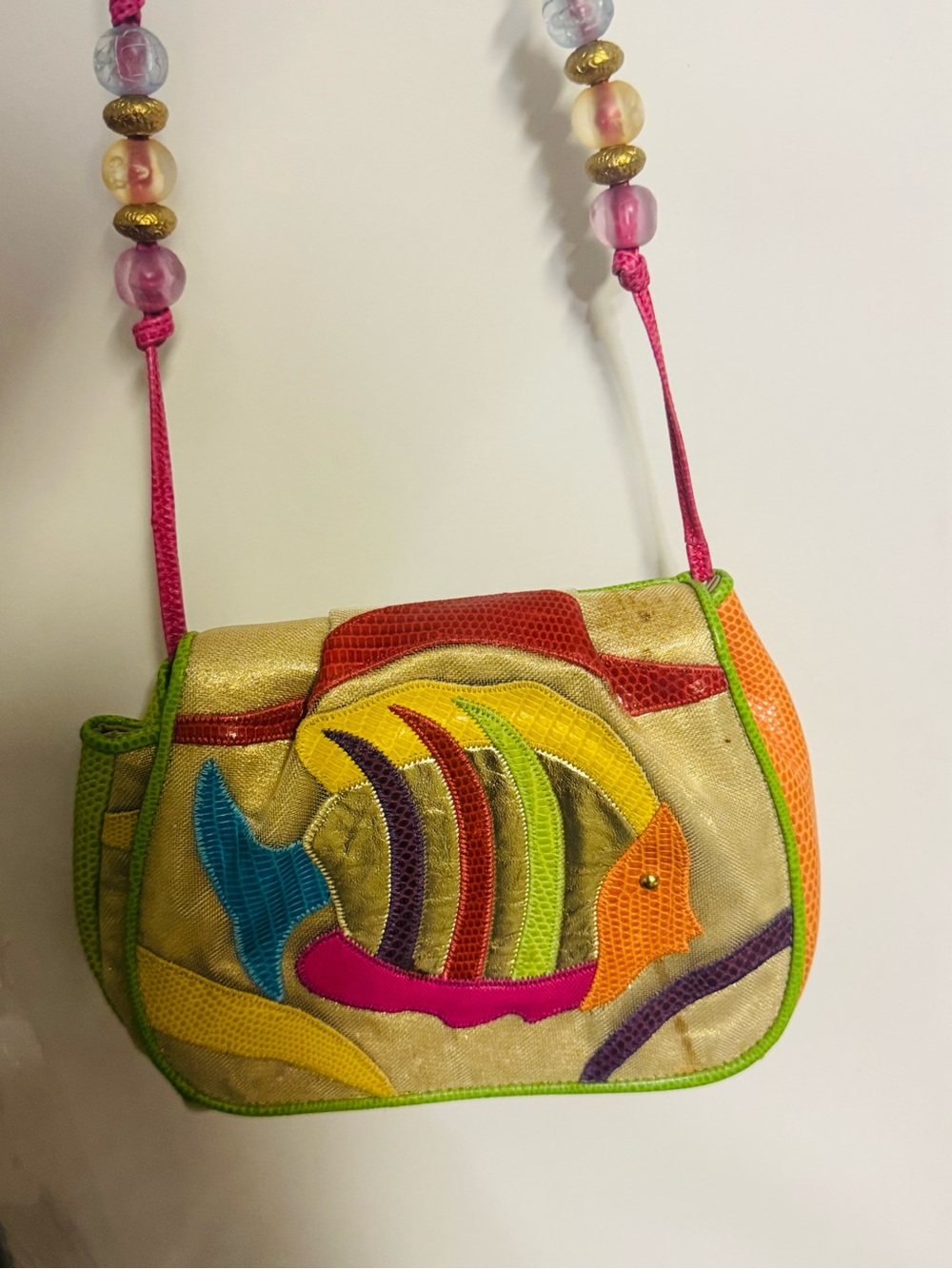 Multicolor Fish Appliqué Crossbody Bag - Pink Strap
